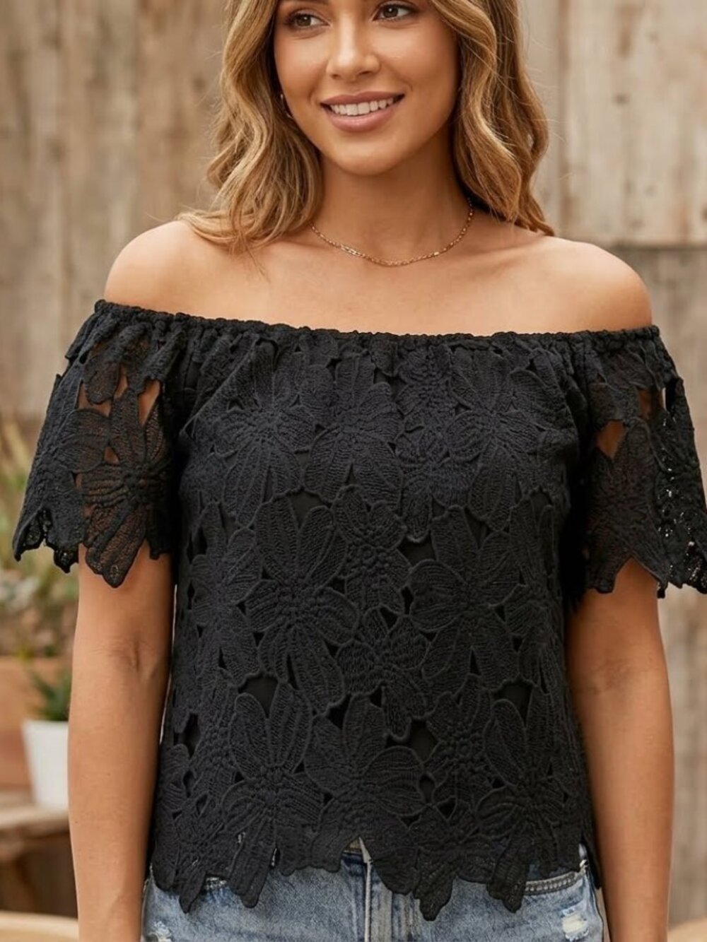 Dizzy Lizzy Black Floral Lace Off The Shoulder Top Size Small